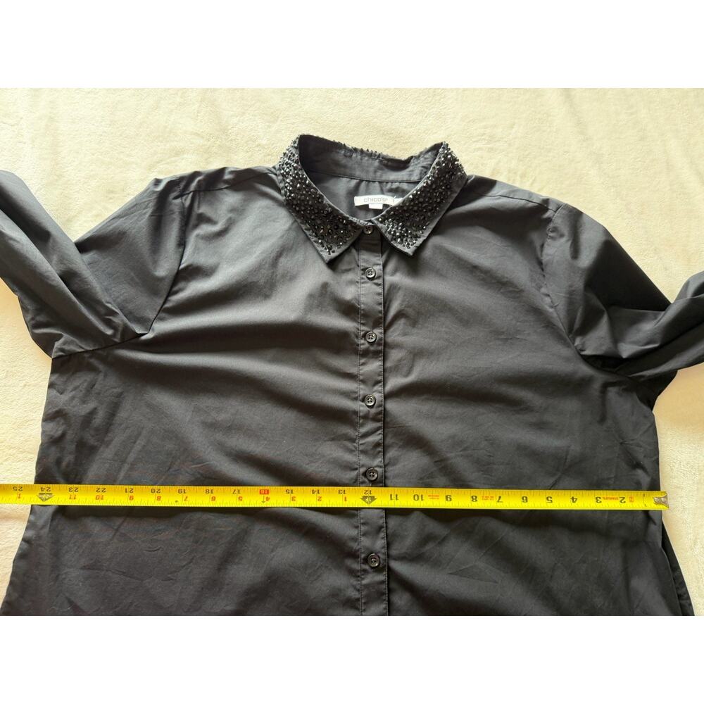 Chico’s Size 3.5 US 18 Tonal Jewels Poplin Shirt Black Embellished Collar Top - Picture 13 of 16